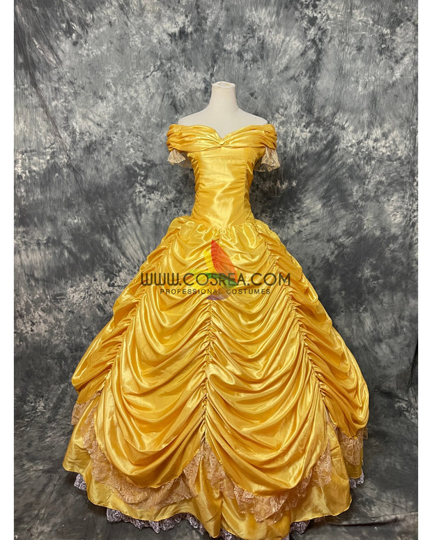 Princess Belle In Bright Gold Satin Beauty And Beast Cosplay Costume