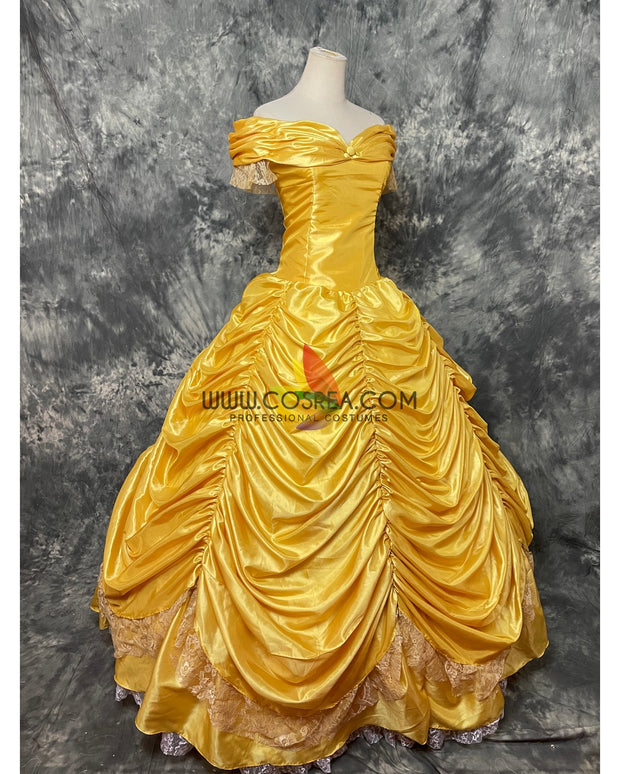 Princess Belle In Bright Gold Satin Beauty And Beast Cosplay Costume