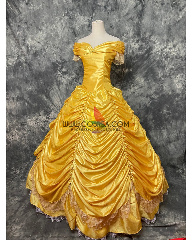 Princess Belle In Bright Gold Satin Beauty And Beast Cosplay Costume