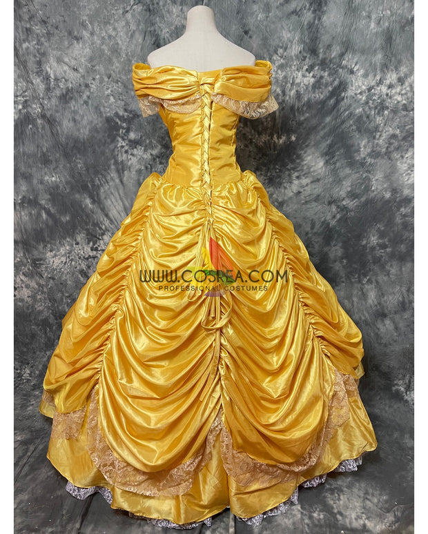 Princess Belle In Bright Gold Satin Beauty And Beast Cosplay Costume