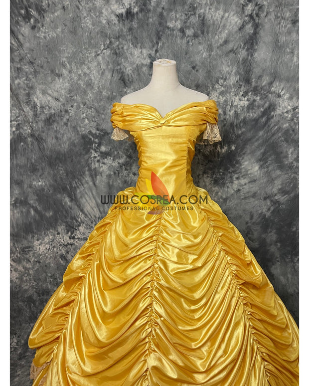 Cosrea Disney Princess Belle In Bright Gold Satin Beauty And Beast Cosplay Costume